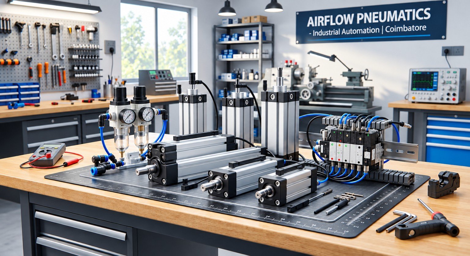 Industrial pneumatic cylinders, valves, FRL units and related components