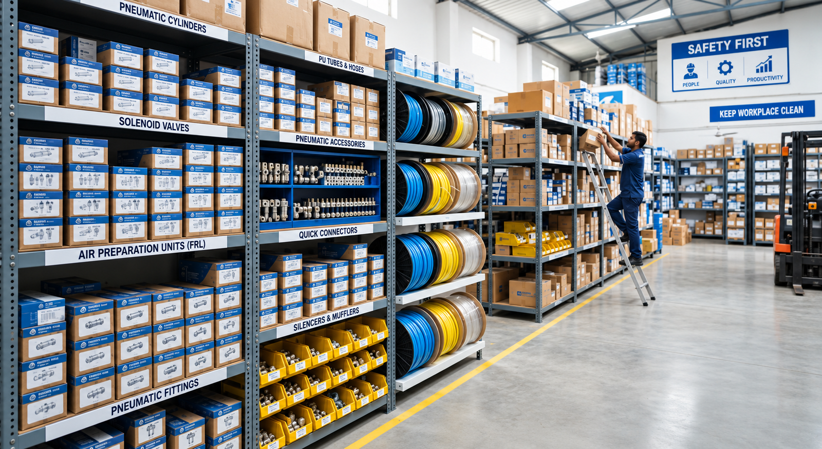 Pneumatic fittings, flow controls, cylinder hardware and sensors