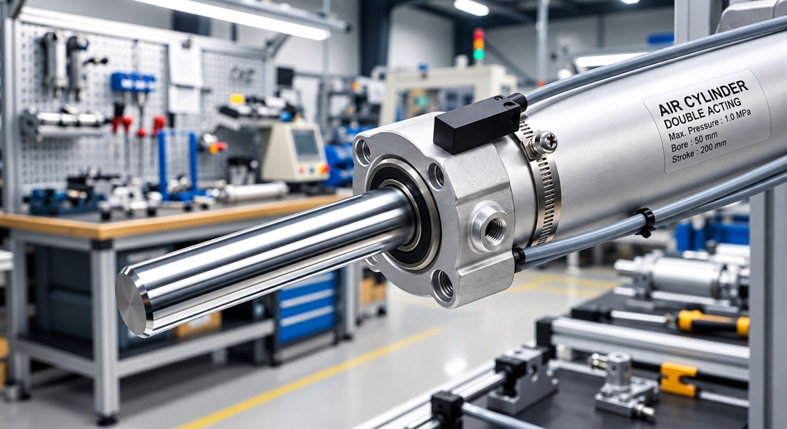 Close-up of a pneumatic cylinder and component detail