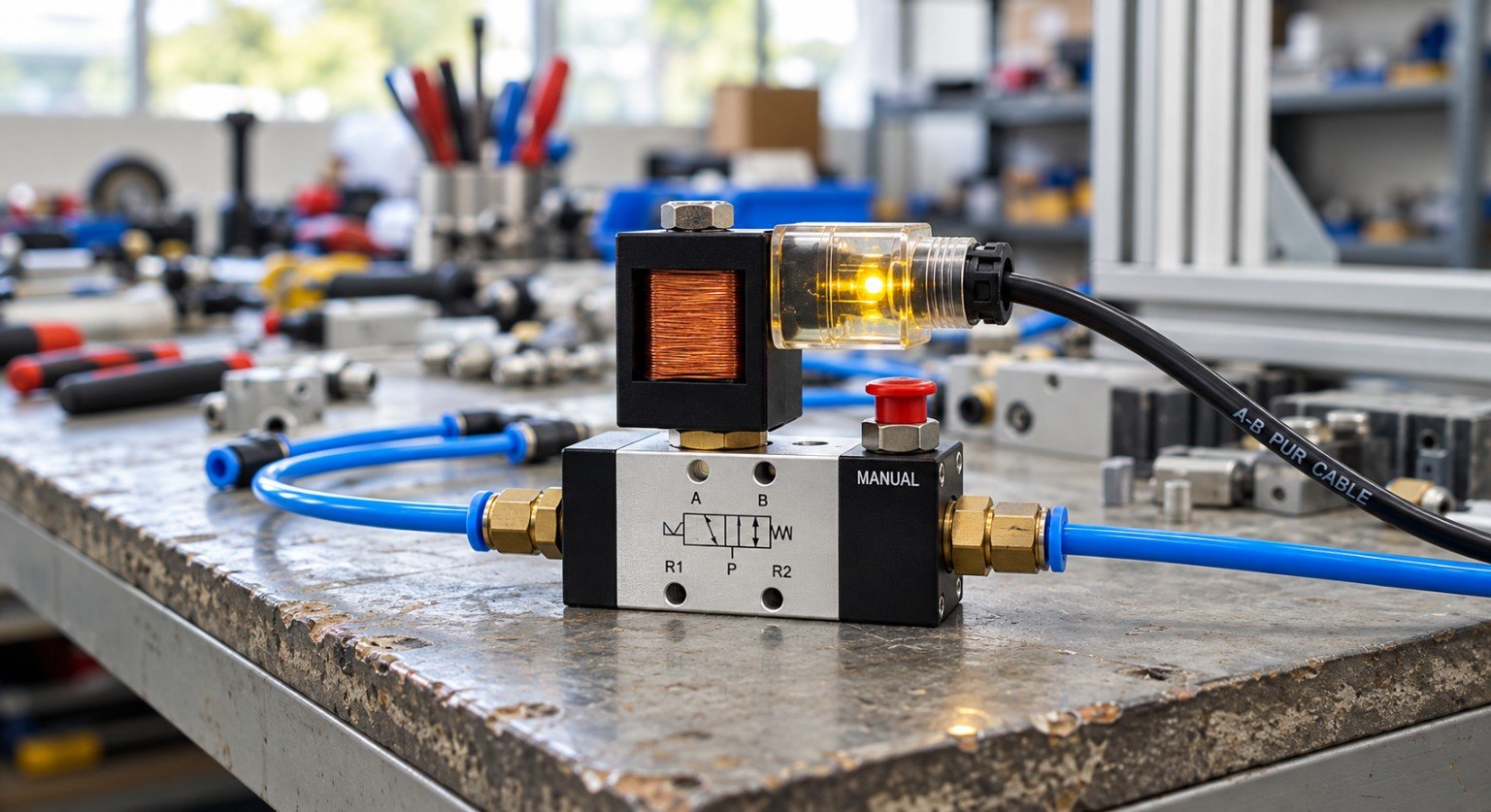 Pneumatic solenoid valve with tubing and electrical connection